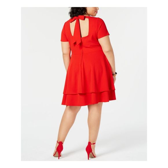 B DARLIN Womens Red Layered Short Sleeve Knee Length Fit + Flare Dress Plus 16W - Picture 2 of 4